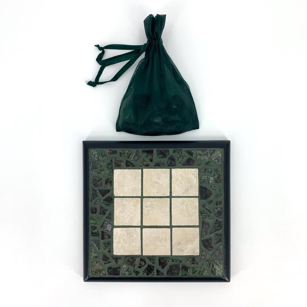 Handcrafted Green Decorative Tic Tac Toe Board with Green and Black Stones